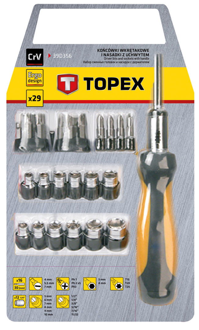 Topex 39D356 dugókulcs és bitkészlet markolattal, racsnis, 1/4", CrV acél, 29 részes termék fő termékképe