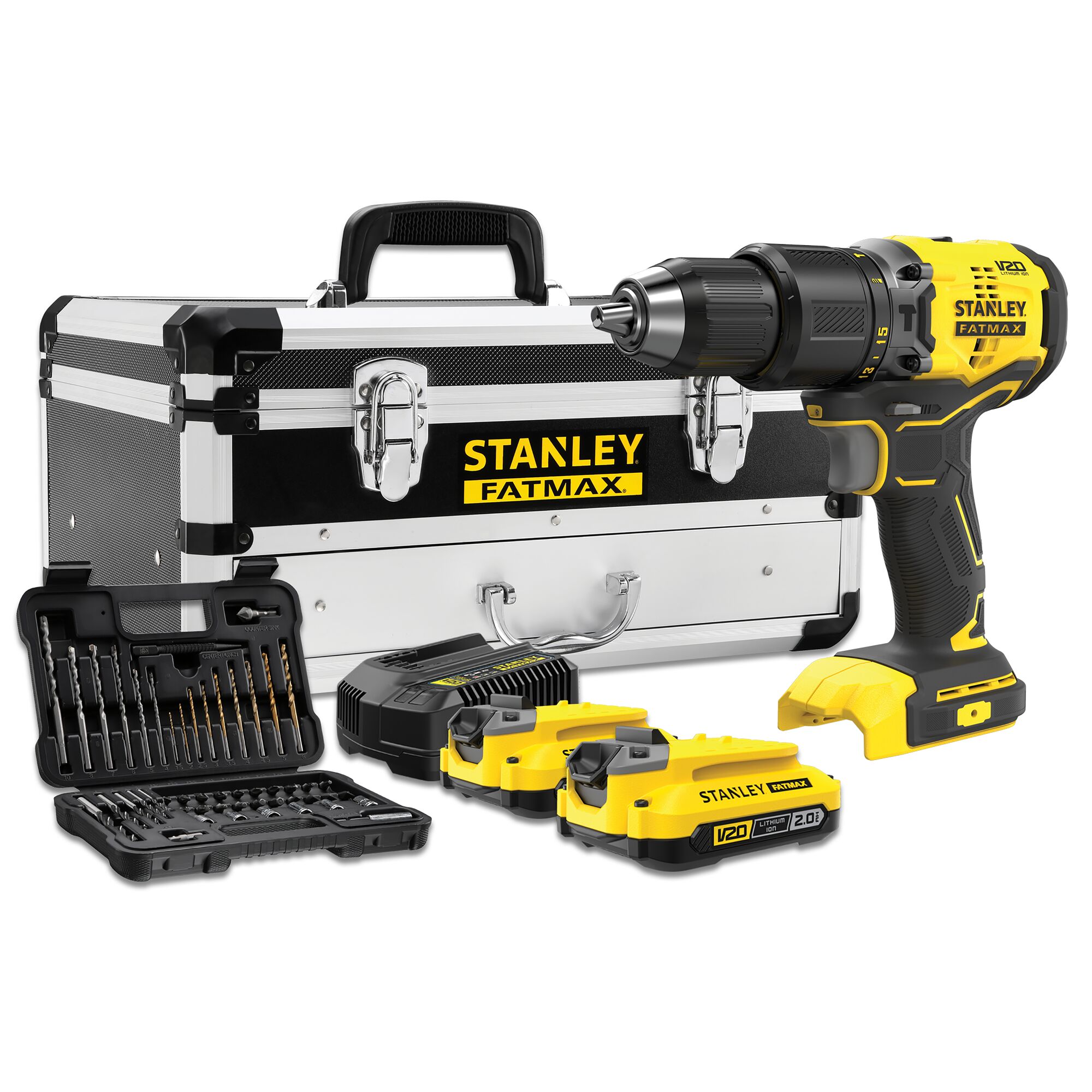 Stanley SFMCD715D2F FATMAX® V20 akkus ütvefúró-csavarozó (2 x 2.0 Ah Li-ion akkuval, kofferben) + 50 darabos tartozék készlet termék fő termékképe