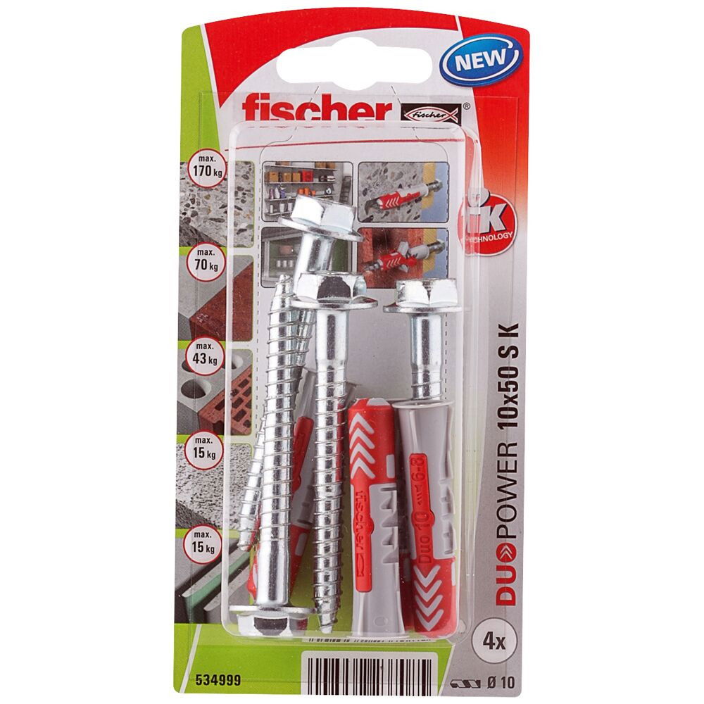 Fischer DUOPOWER dübel 10 x 50 S K NV - csavarral, bliszteres, 4 db/csomag termék fő termékképe